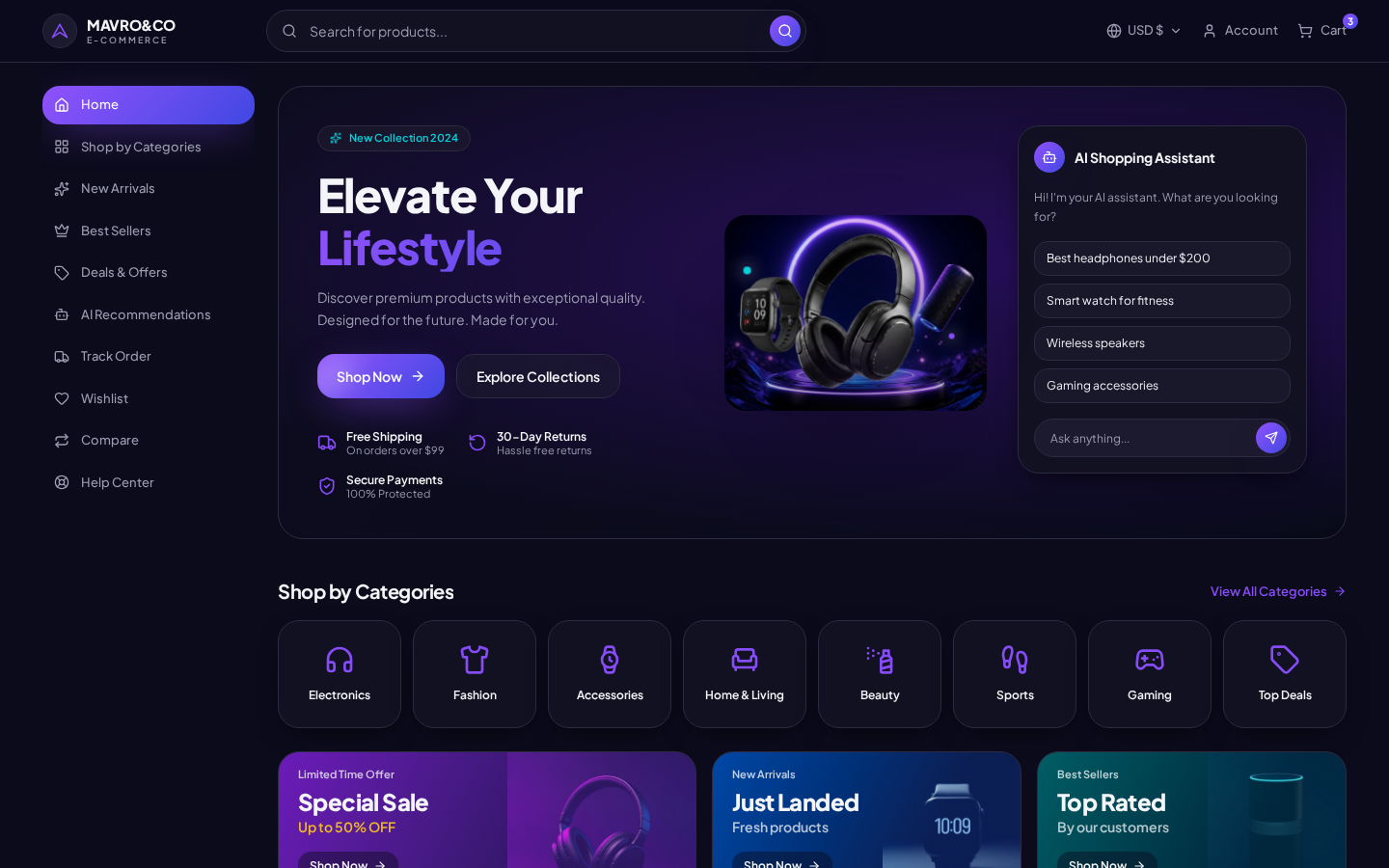 E-Commerce live demo website landing page by MAVRO&CO