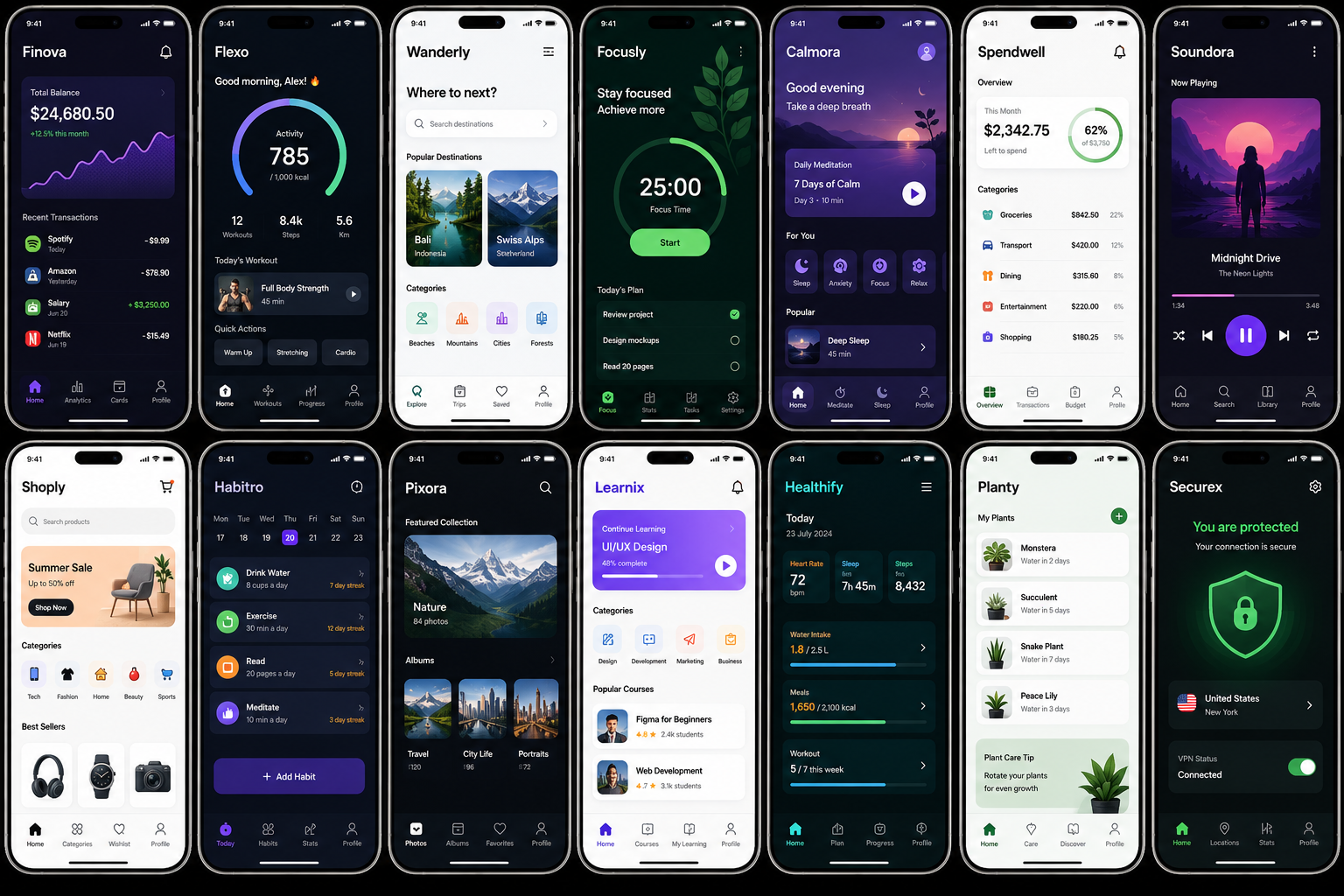 Mobile app design showcase — 14 apps across finance, wellness, travel, learning and lifestyle