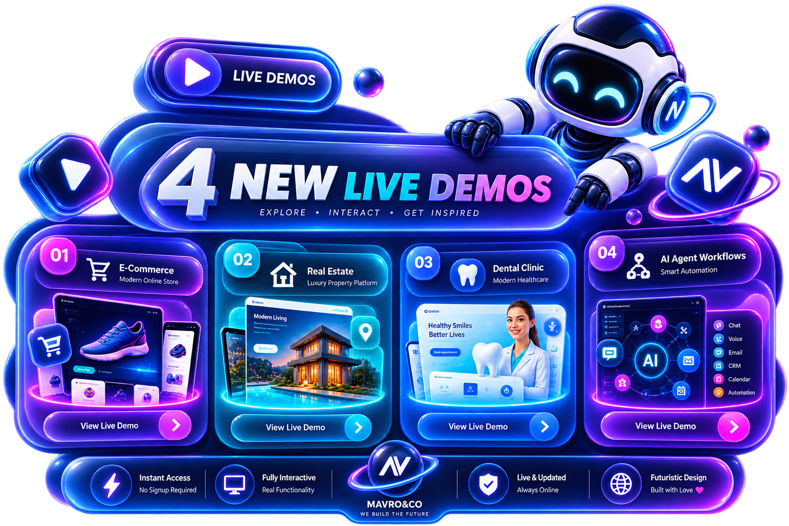 4 new live demo websites by MAVRO&CO: e-commerce, real estate, dental clinic and AI agent workflows