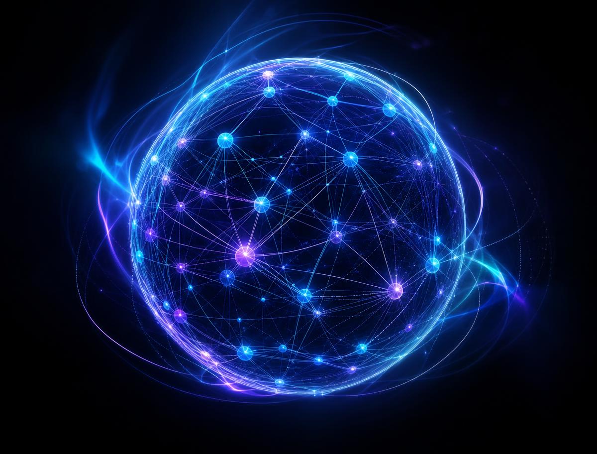 Holographic neural network sphere rendered by AI
