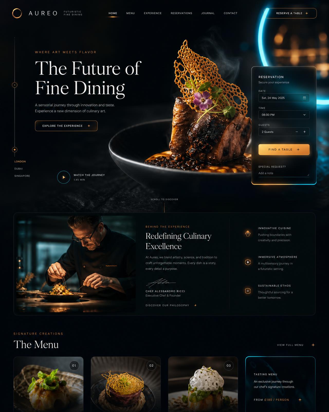 Futuristic fine dining restaurant website design