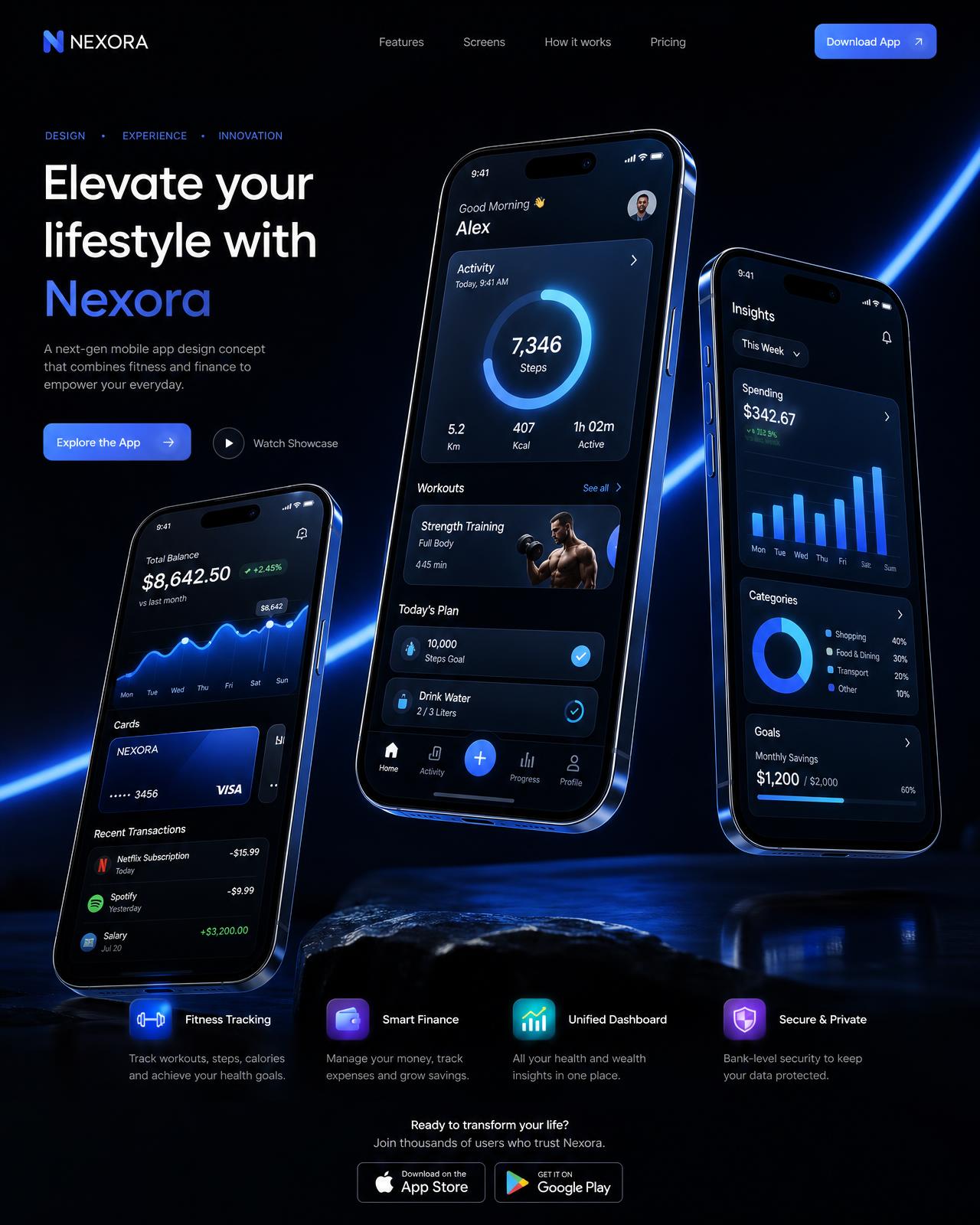 Futuristic mobile app landing page design